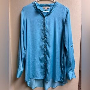Michael Kors Turquoise Button-Down Blouse – Size L, Silky Satin Feel, Gold Logo